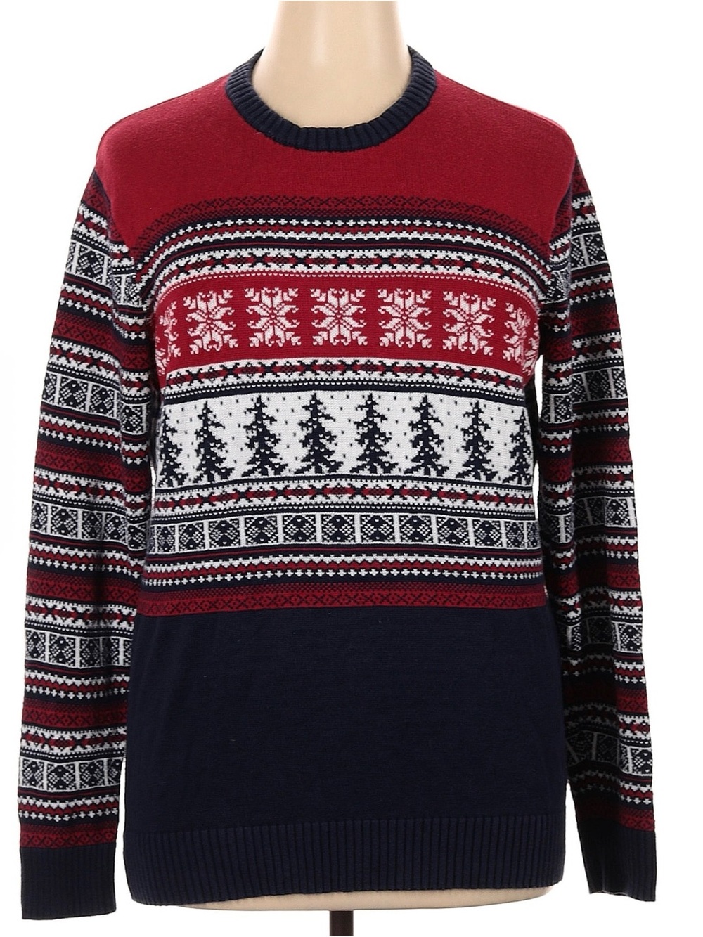 Men's Red and Navy Patterned Crewneck Sweater
